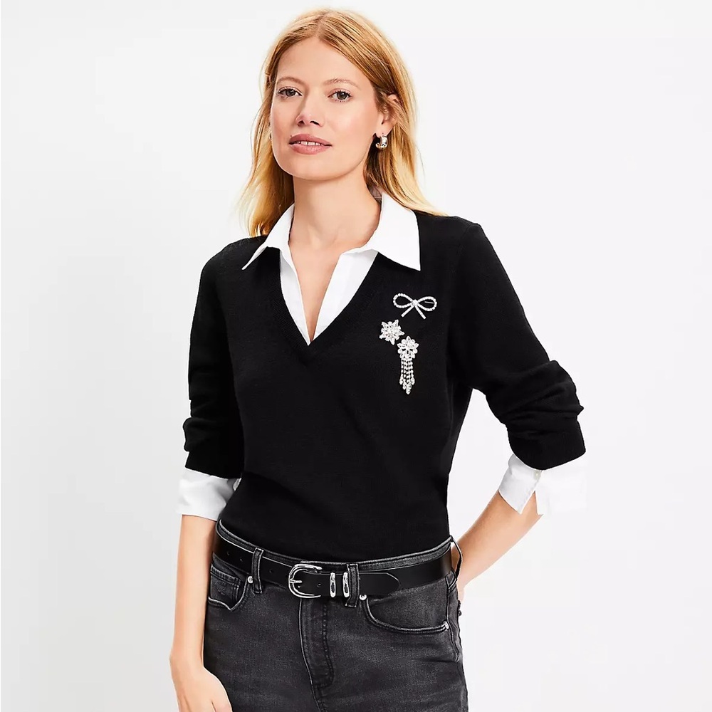 LOFT - NWT Elegant Black Sweater with Embellishments. Size M. Missing 1 Pin